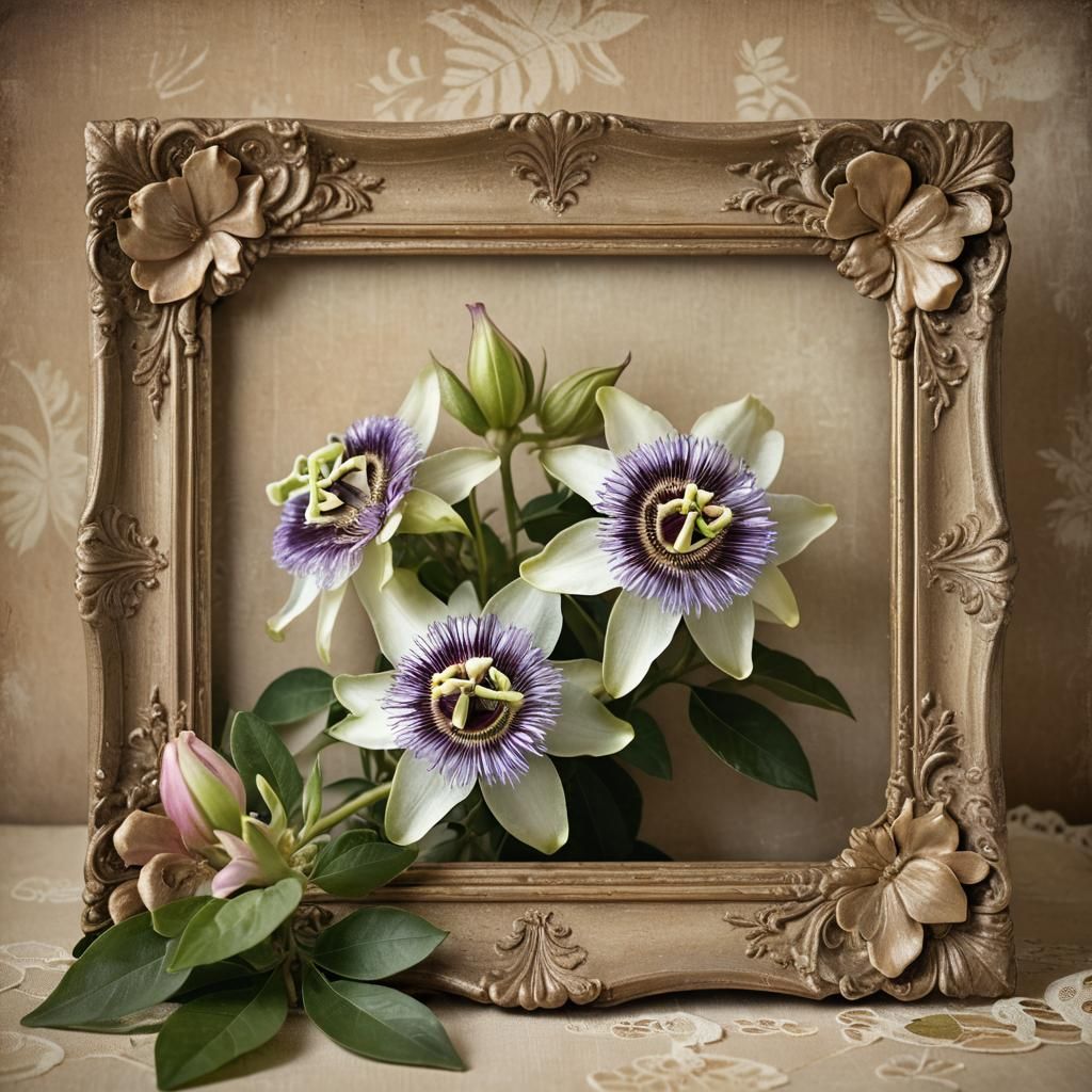 Passion Flowers Bloom from Vintage Frame: Macro Shot