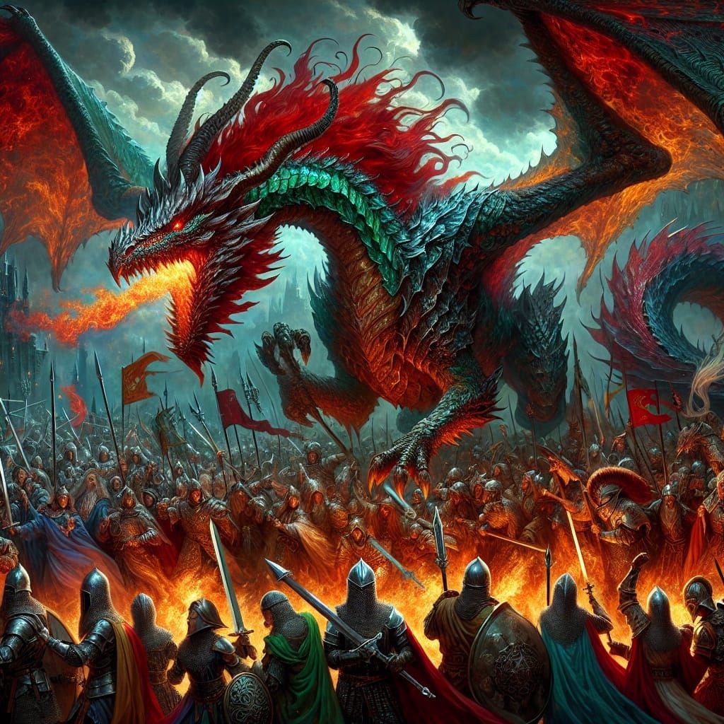 Fire breathing dragon attacking an army of knights, warriors...