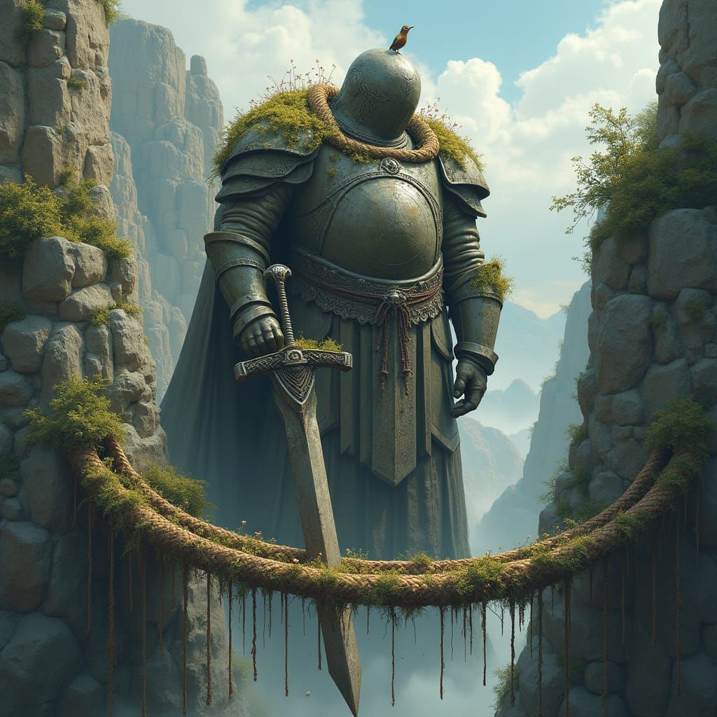 Colossal Stone Warrior on Crumbling Bridge