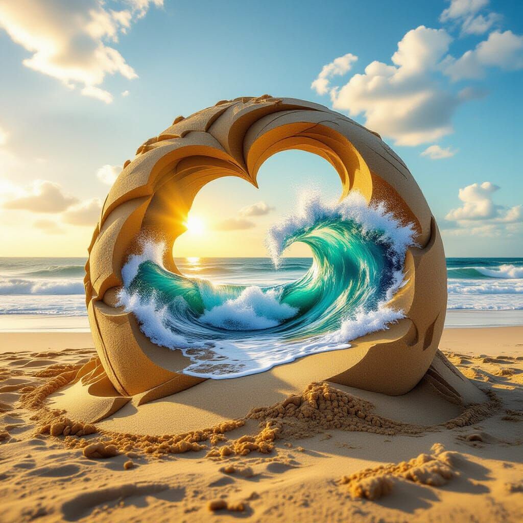 Majestic Sand Sculpture with Ocean Double Exposure
