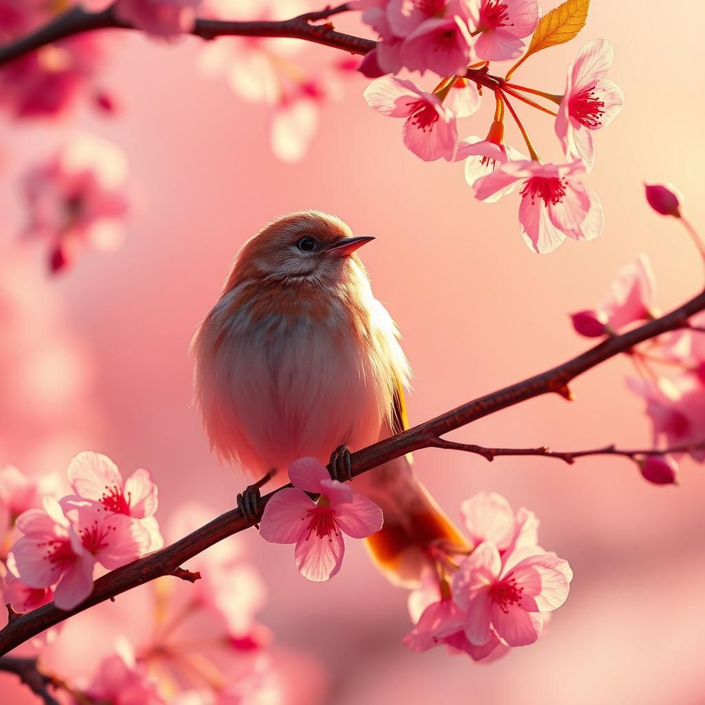 Cherry Picker Bird on Cherry Blossom Branch