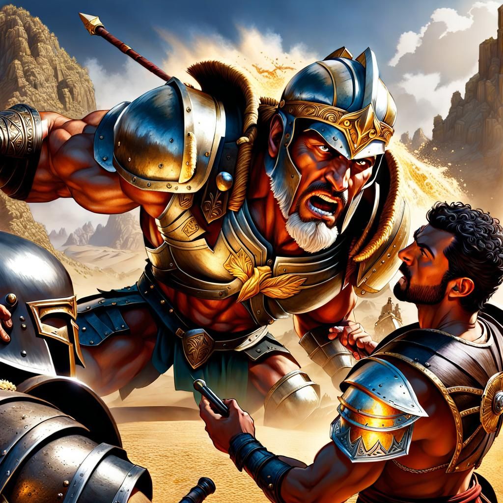 David and Goliath Battle in Old Parchment Style