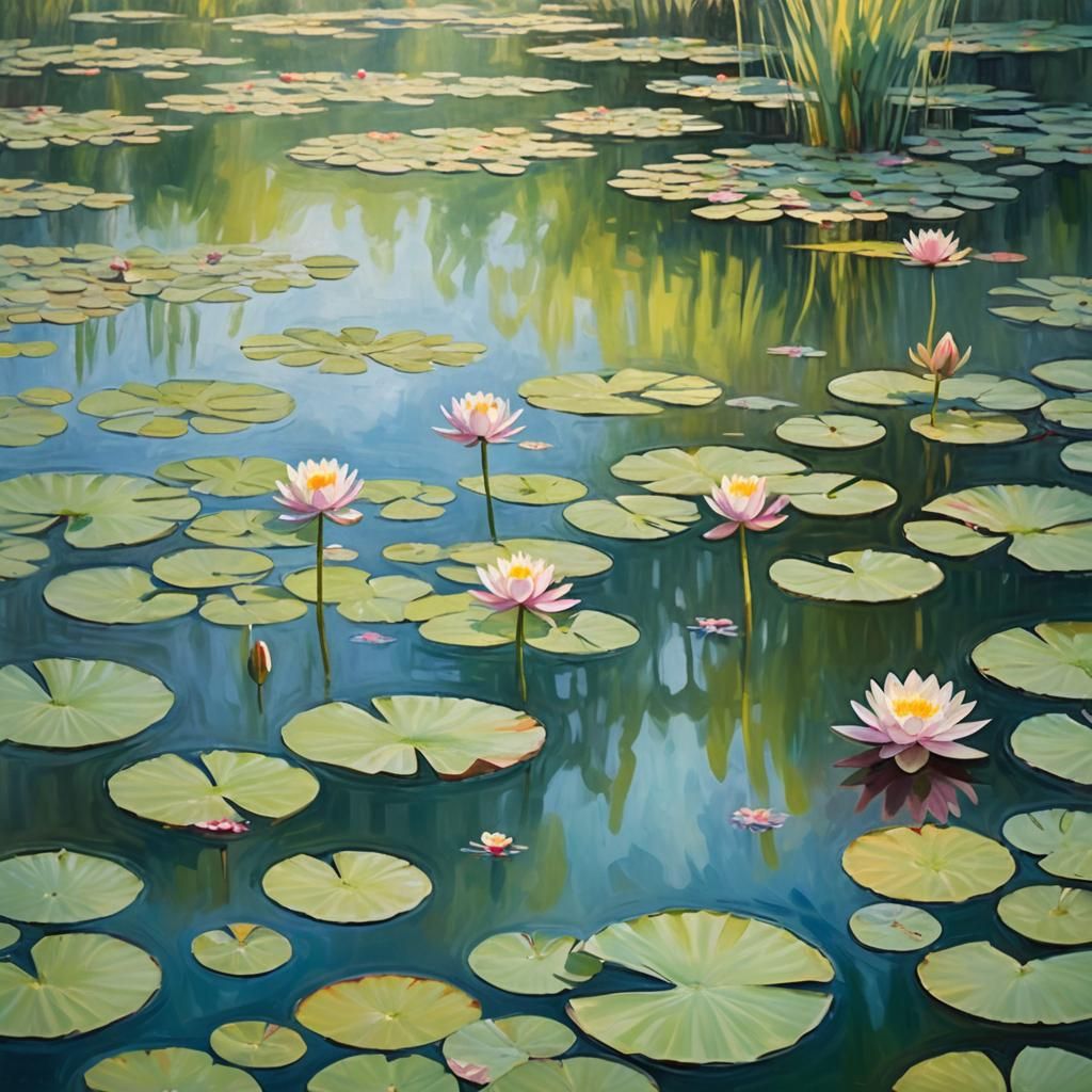 Impressionist Water Lilies on a Pond in Pastel Hues