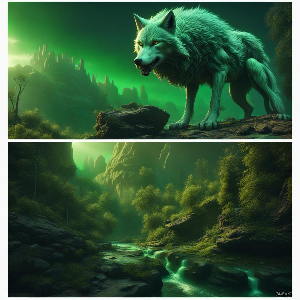 Fantastical Green Wolf in Detailed Matte Painting
