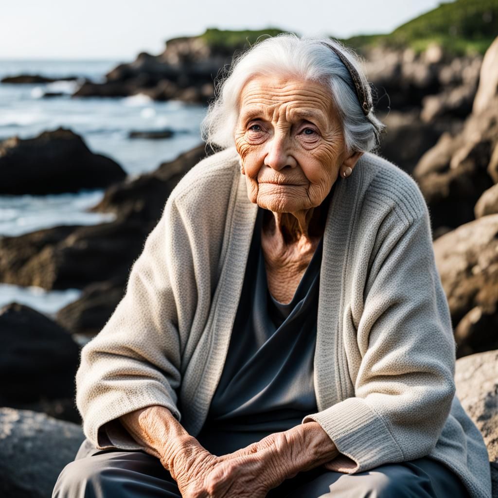 Hopeful Old Woman by the Sea