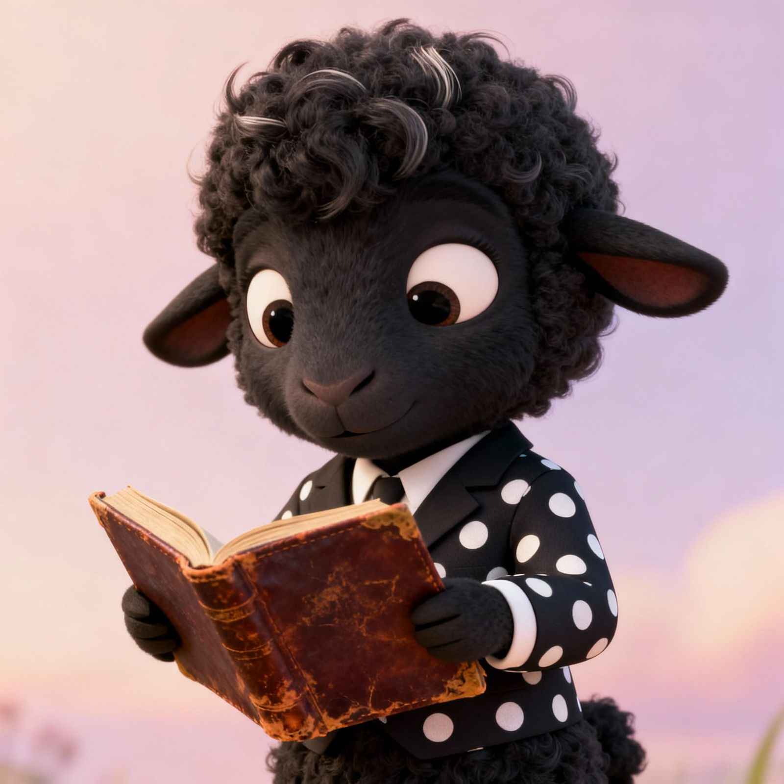 Fluffy Baby Sheep in Polka Dot Suit Reads Book