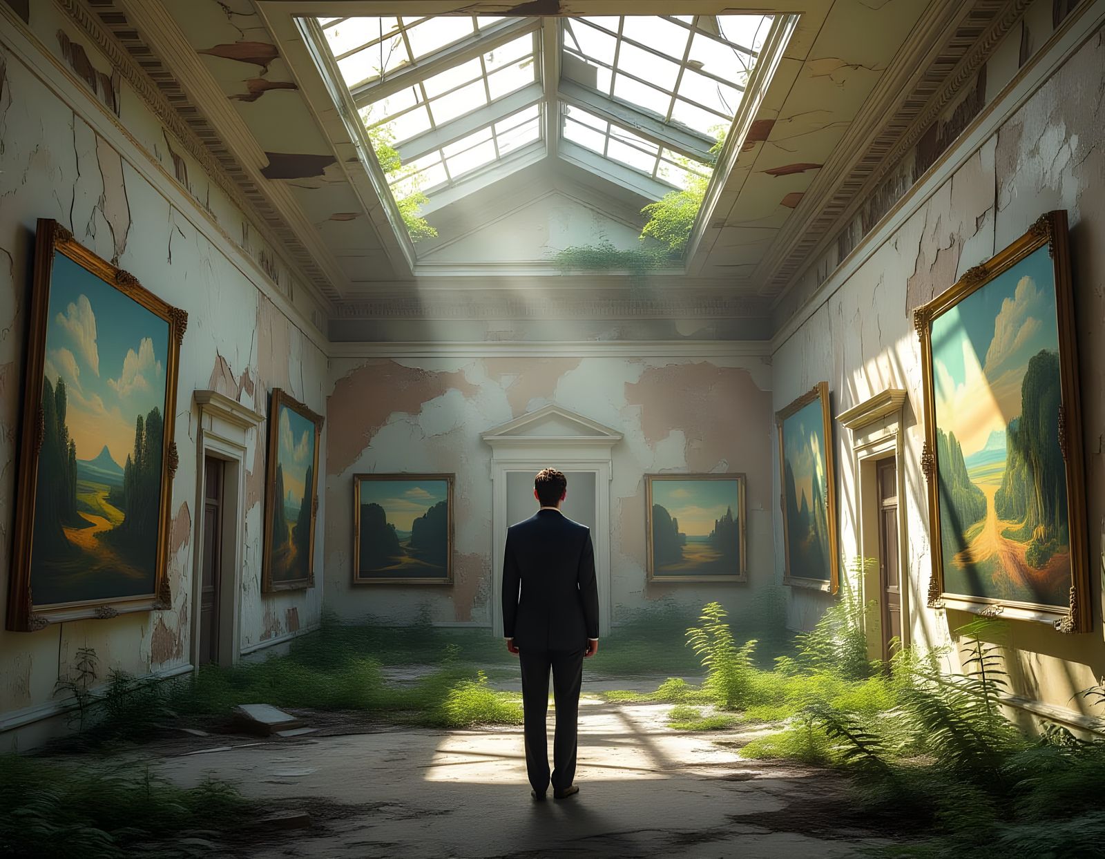 Figure in Tailored Suit in Overgrown Art Gallery