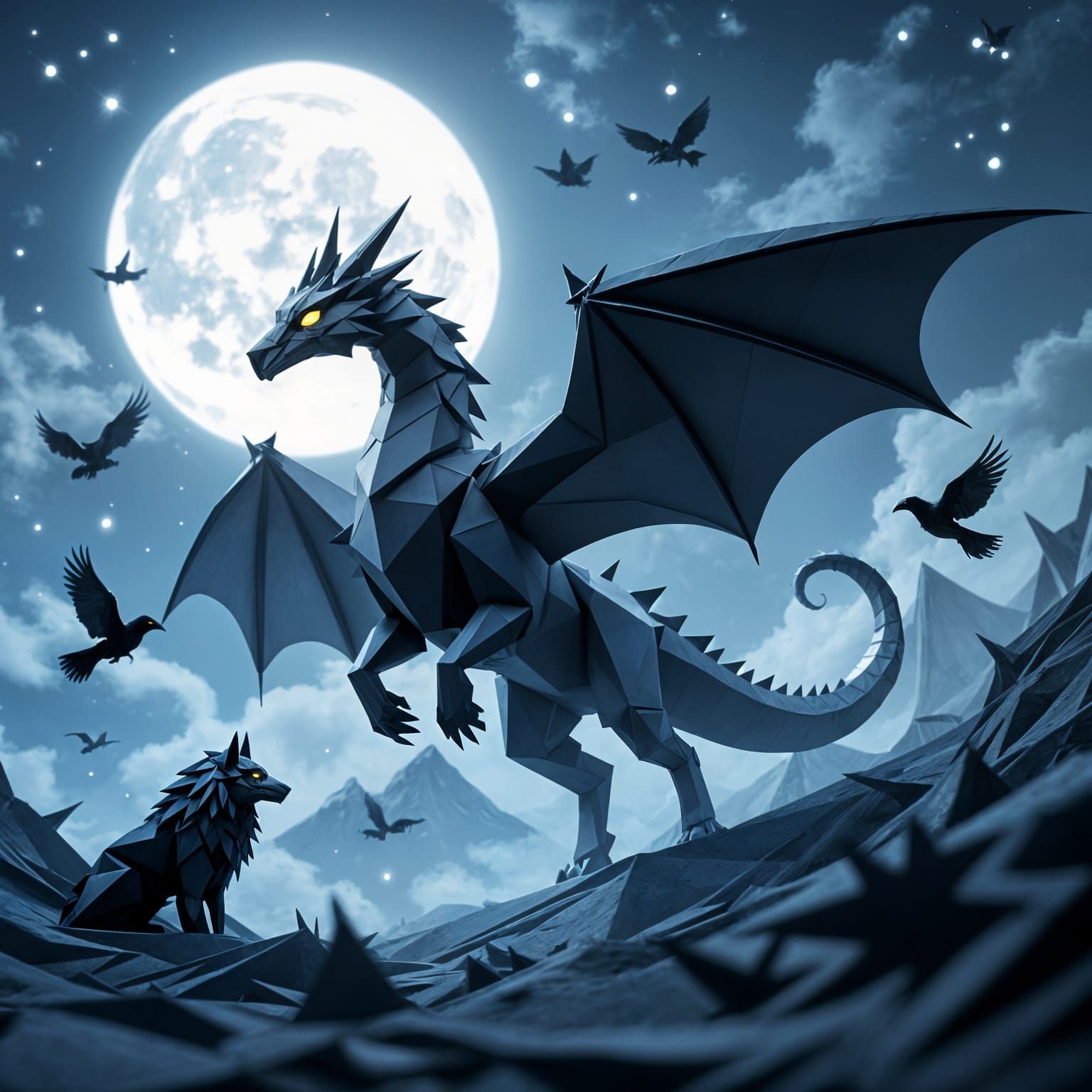 Origami Zoo in Deep Space, Dark Fantasy Style