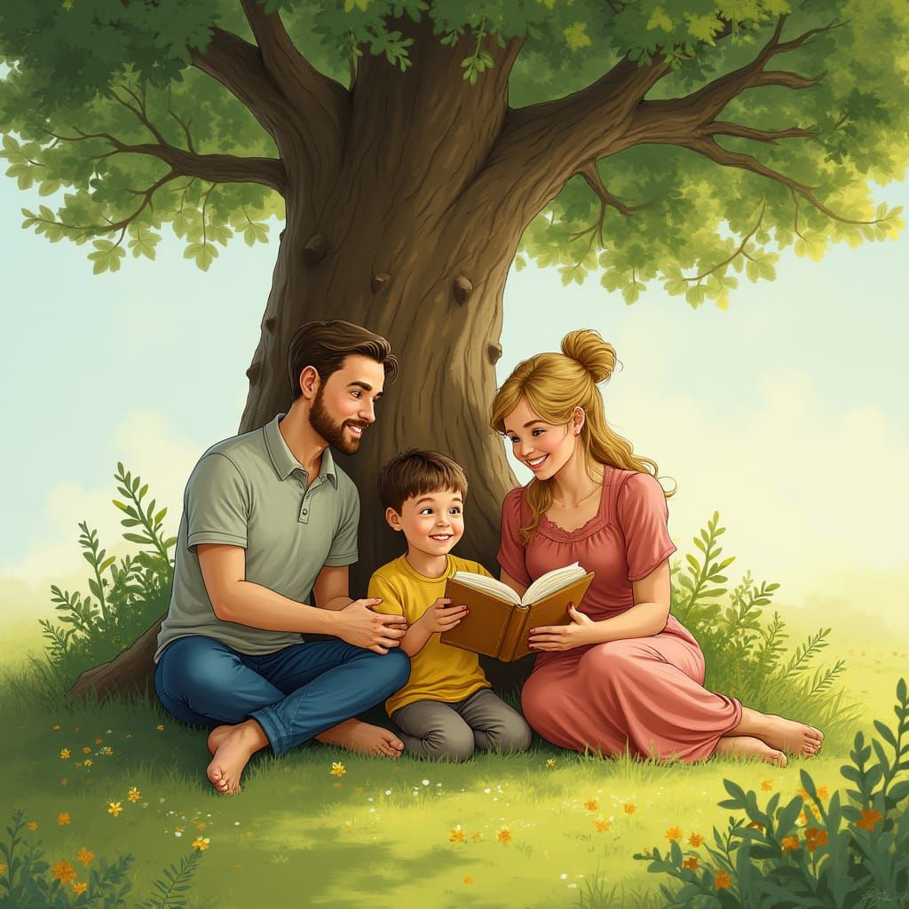 Family Under the Whimsical Tree: A Cozy Illustration