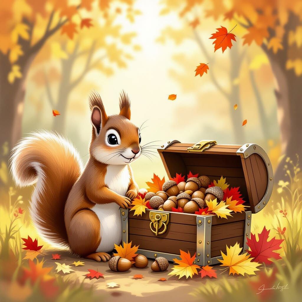 Whimsical Squirrel Guarding Autumn Treasure Chest