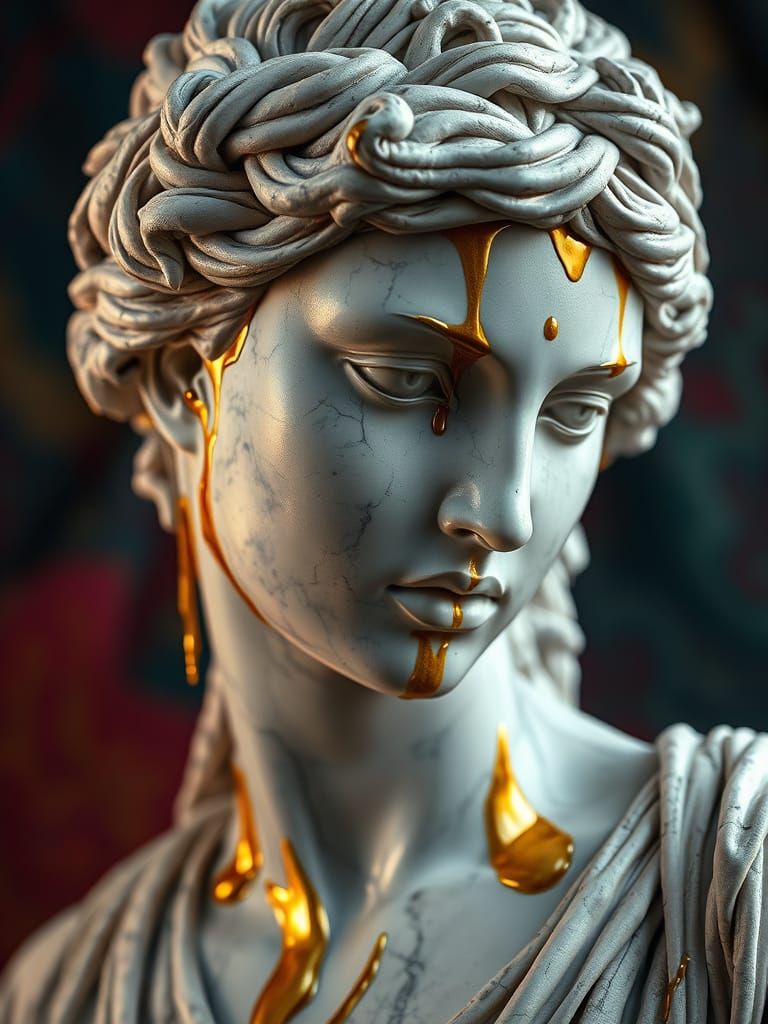 Greek Goddess Statue in Hyperrealistic Golden Detail