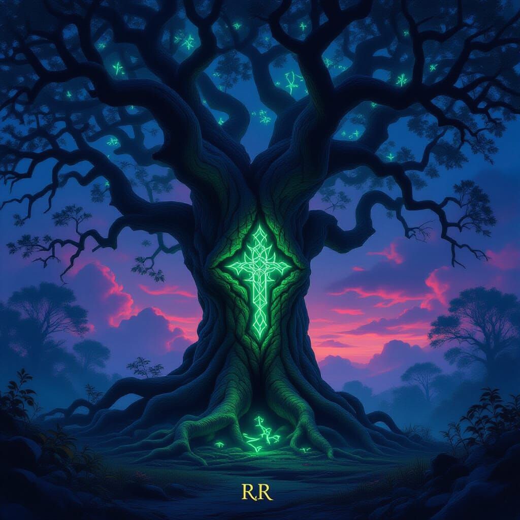 Ancient Sentient Oak Tree with Glowing Runes