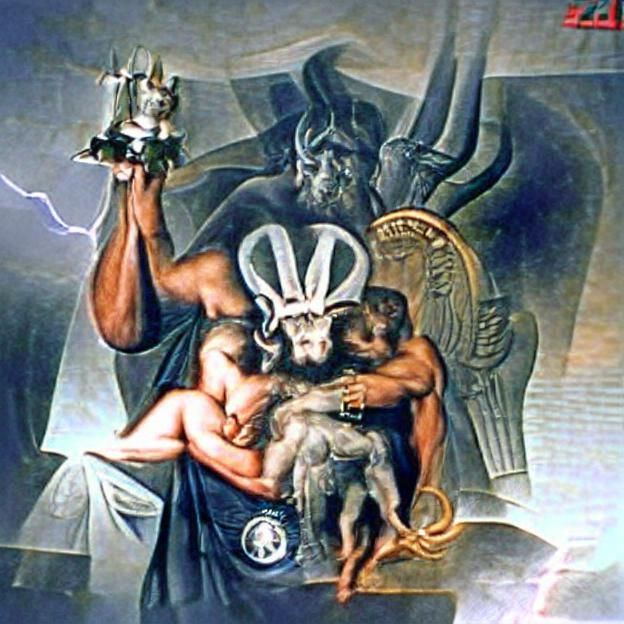 Zeus Embraces Baphomet: A Digital Art Fusion