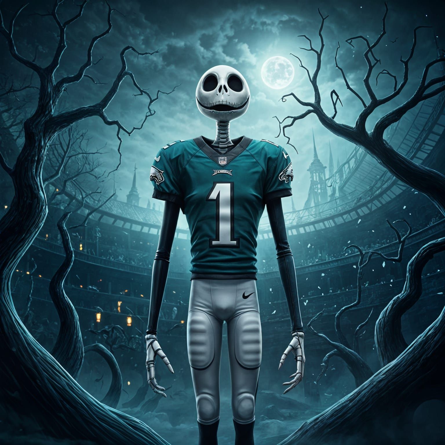 Jack Skellington in Midnight Green Eagles Uniform, Dreamlike...