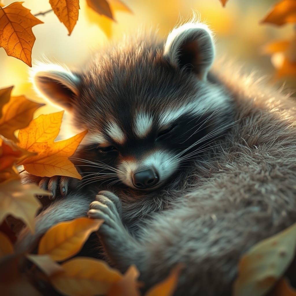 Cute Baby Raccoon Asleep in Autumn Leaves