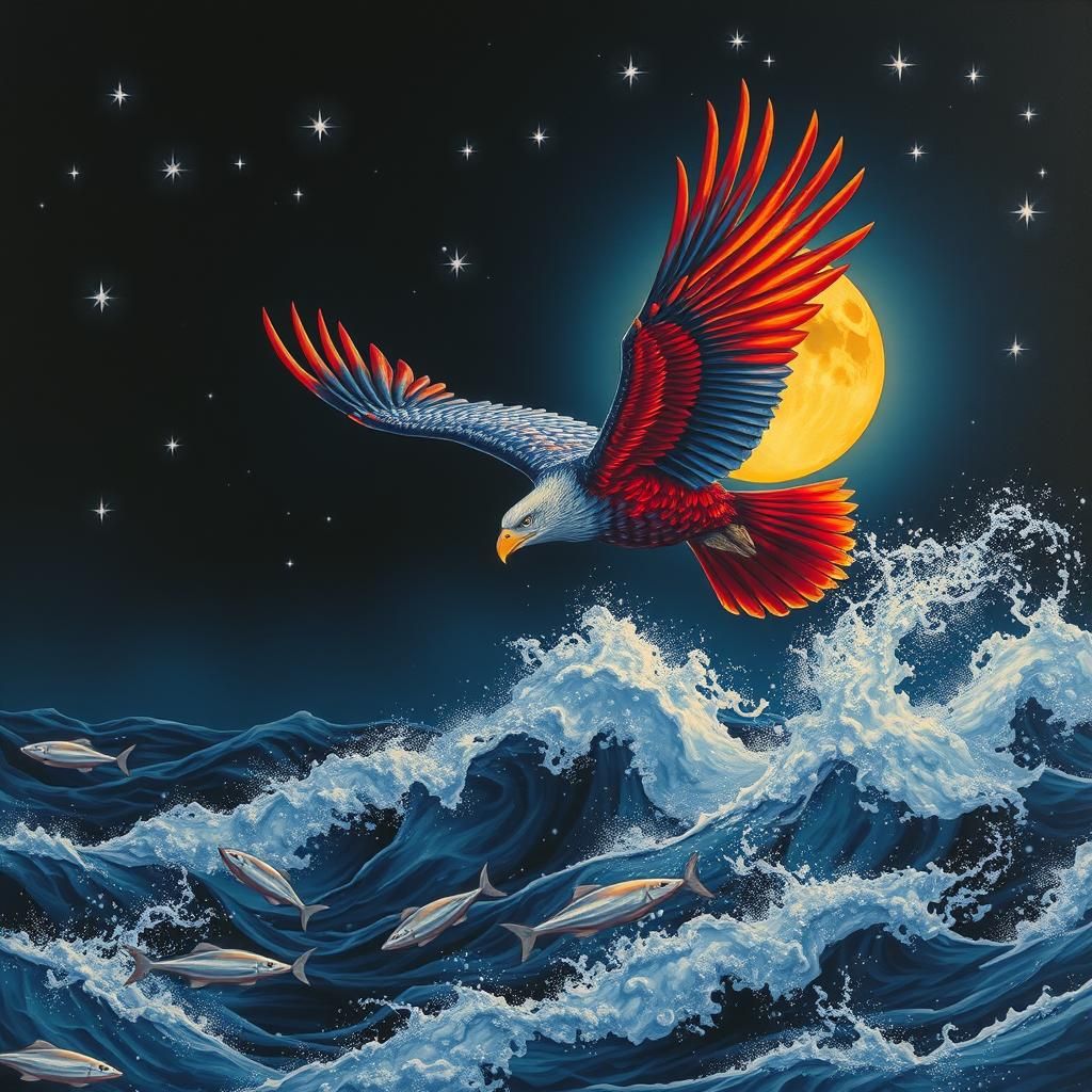 Iridescent Eagle Soaring Over Ocean at Night