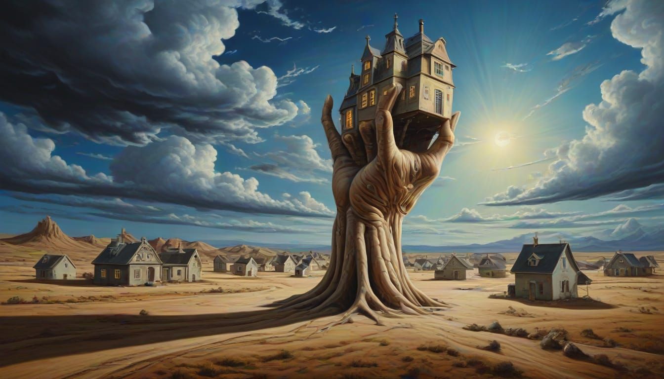 Surreal Giant Hand Arranges Houses in Cosmic Dreamscape