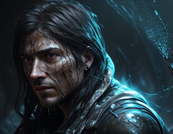 Figure Trapped in Glowing Webs: Hyper-Realistic CGI Oil Pain...