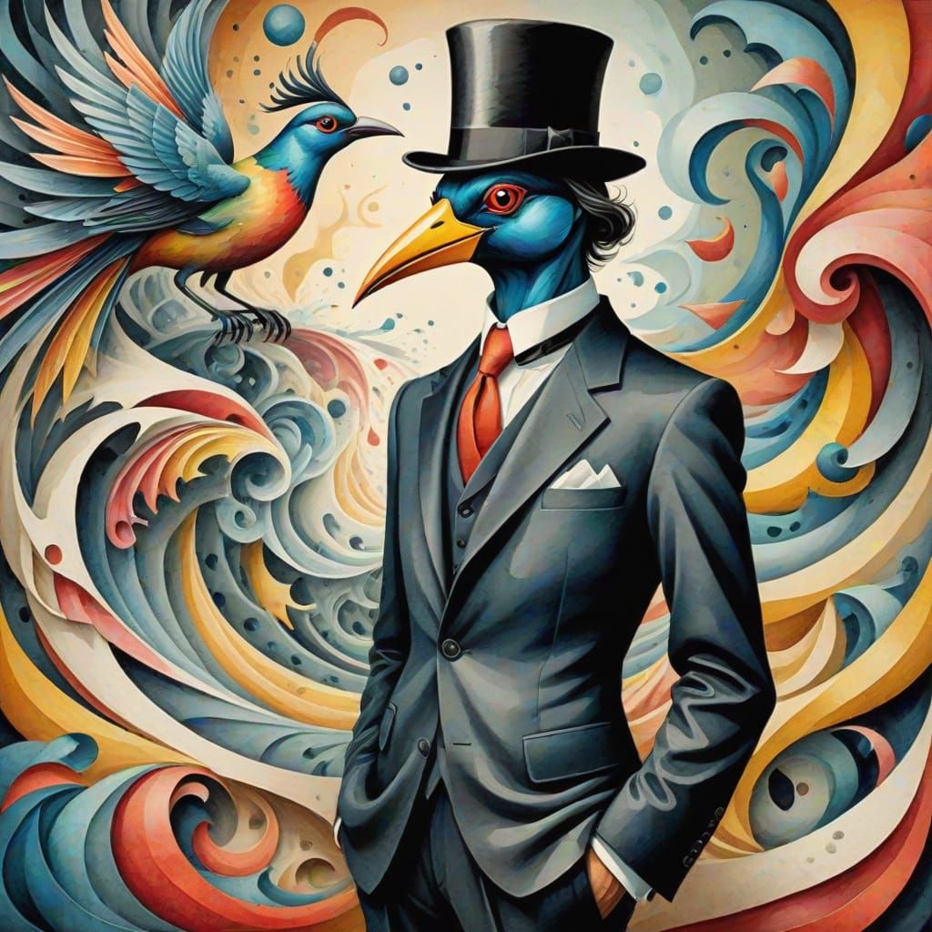 Whimsical Bird in Black Hat and Suit, Enchanting Watercolor ...