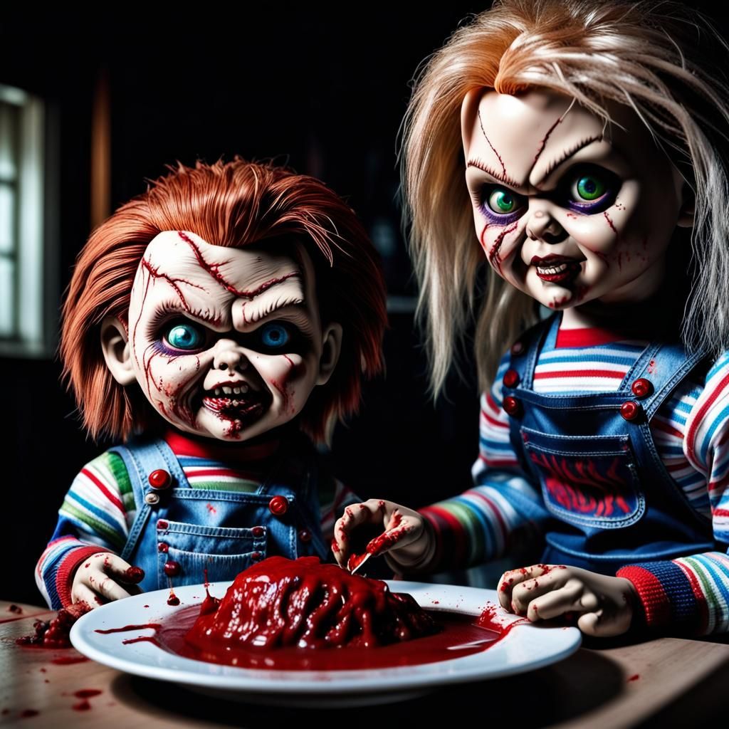 Hyperrealistic Chucky Doll and Bride Eating Blood