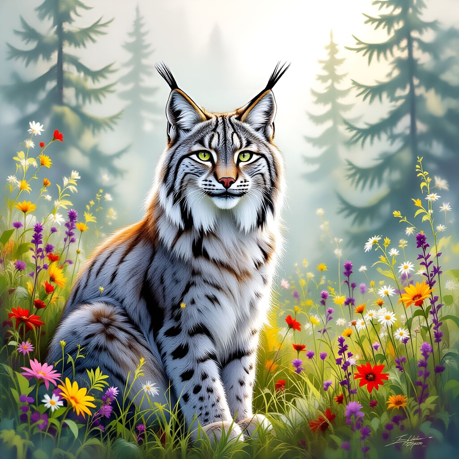 Lynx in Boreal Forest: Digital Watercolor Art