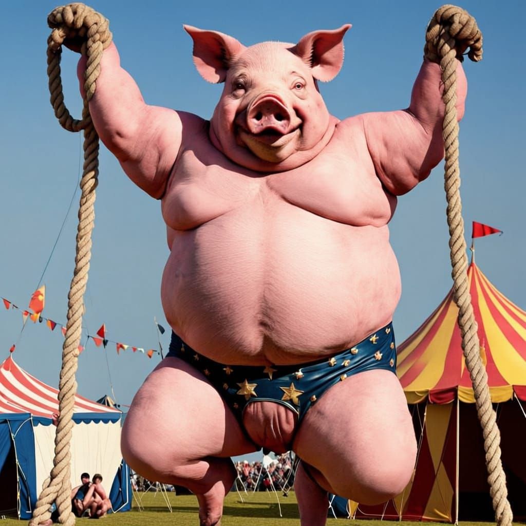 Macabre Circus Pig-Man Dances on High Wire