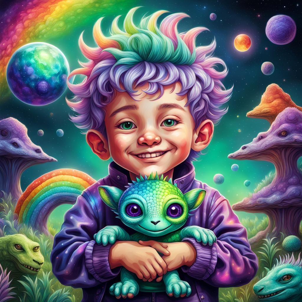 Surreal Alien Child with Rainbow Toy, Holographic Illustrati...
