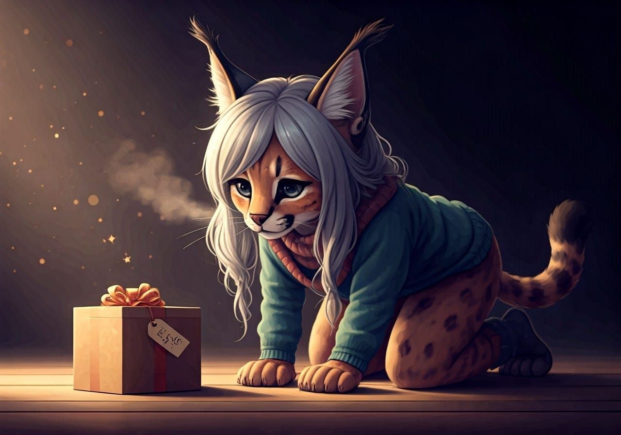 Whimsical High Fantasy Feline Inspects Gift in Pastel Dreams...