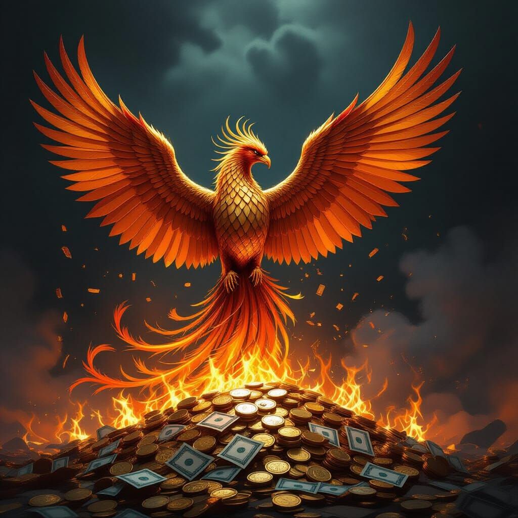 Phoenix Rises from Burning Gold and Currency