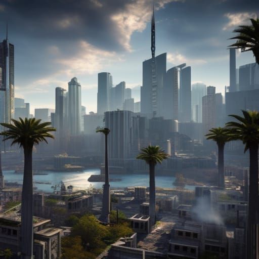 Post-Apocalyptic Cityscape with Green Trees