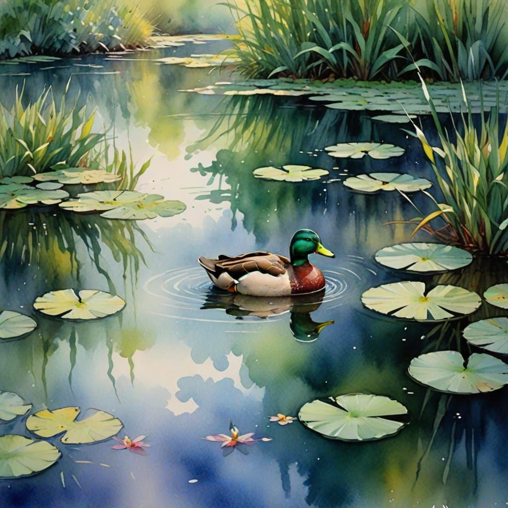 Duck in Peaceful Pond: Impressionistic Watercolor