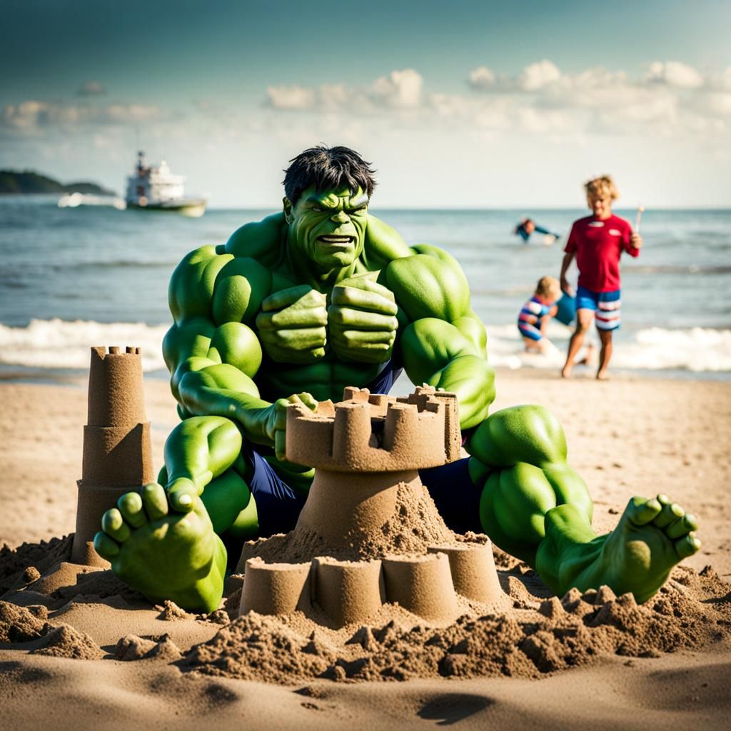 Hulk on Vacation Building Sandcastle