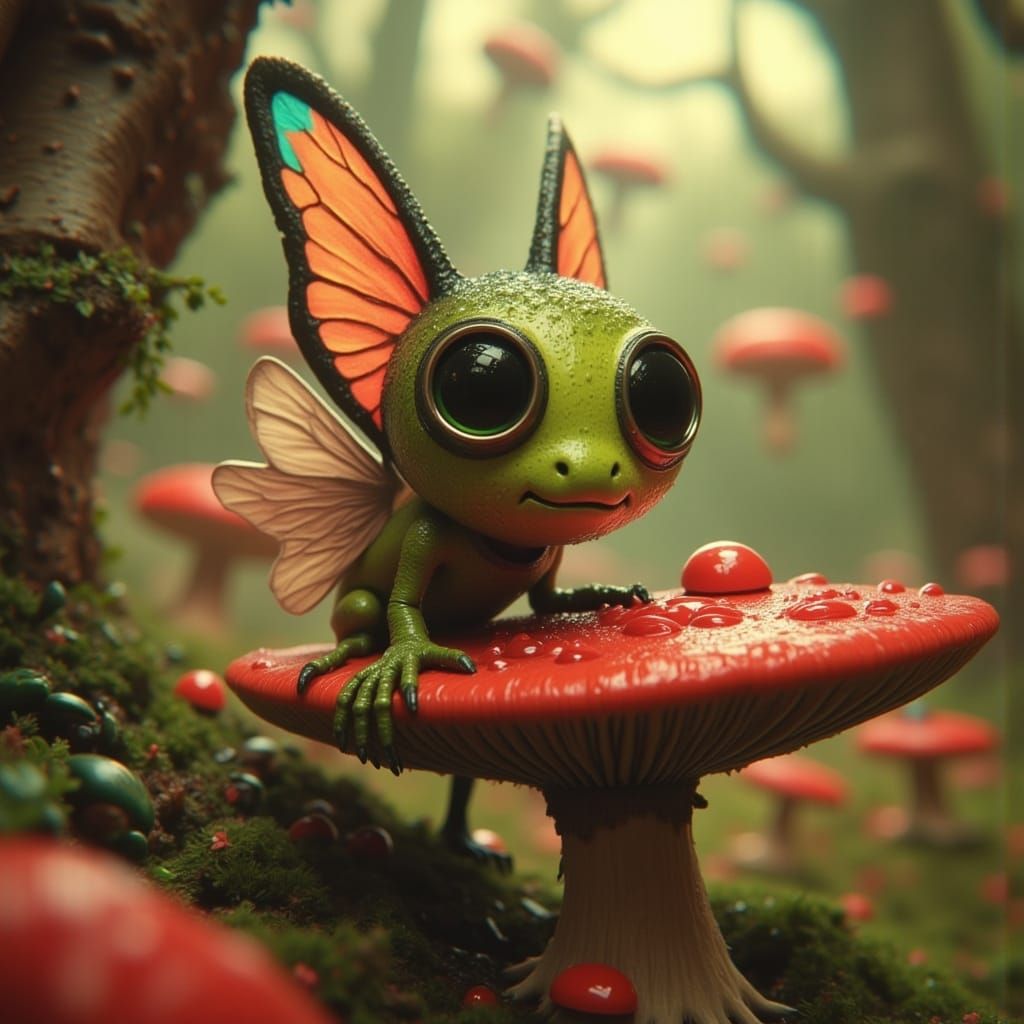 Fairy on Mushroom in Art Deco Biopunk Style