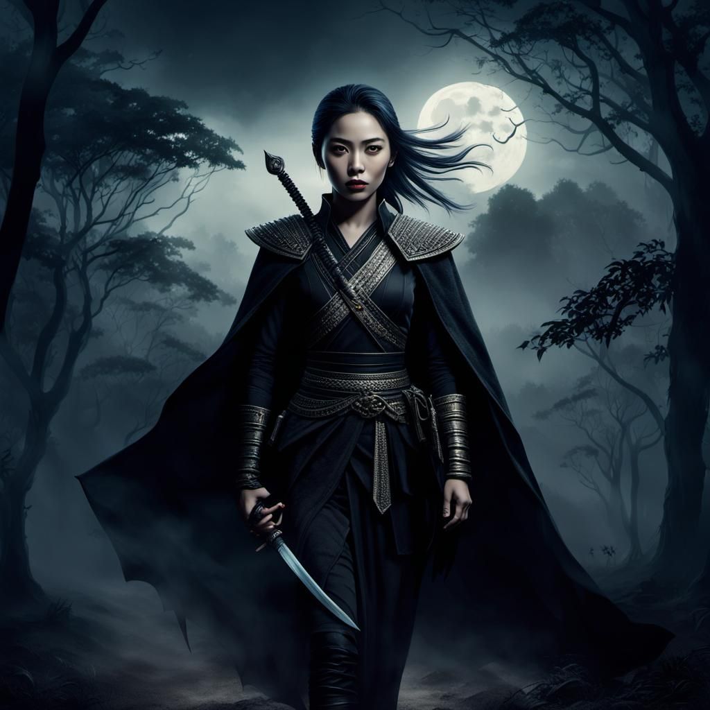 Mysterious Thai Bounty Hunter in Dark Fantasy Forest