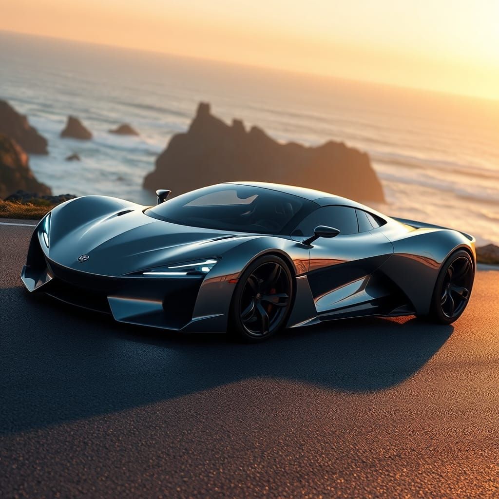 Futuristic Supercar on Coastal Highway at Sunset