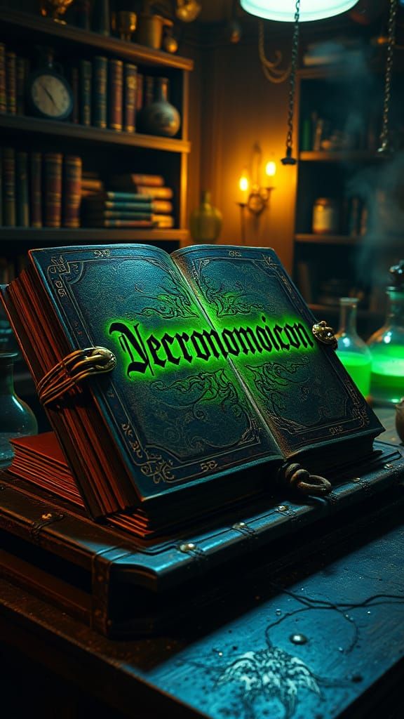 Mystical Necronomicon in an Eerie Laboratory