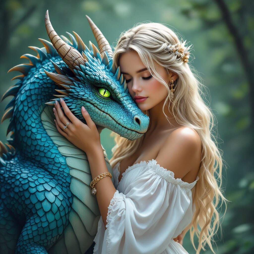 Woman Embraces Luminous Dragon in Serene Fantasy Art