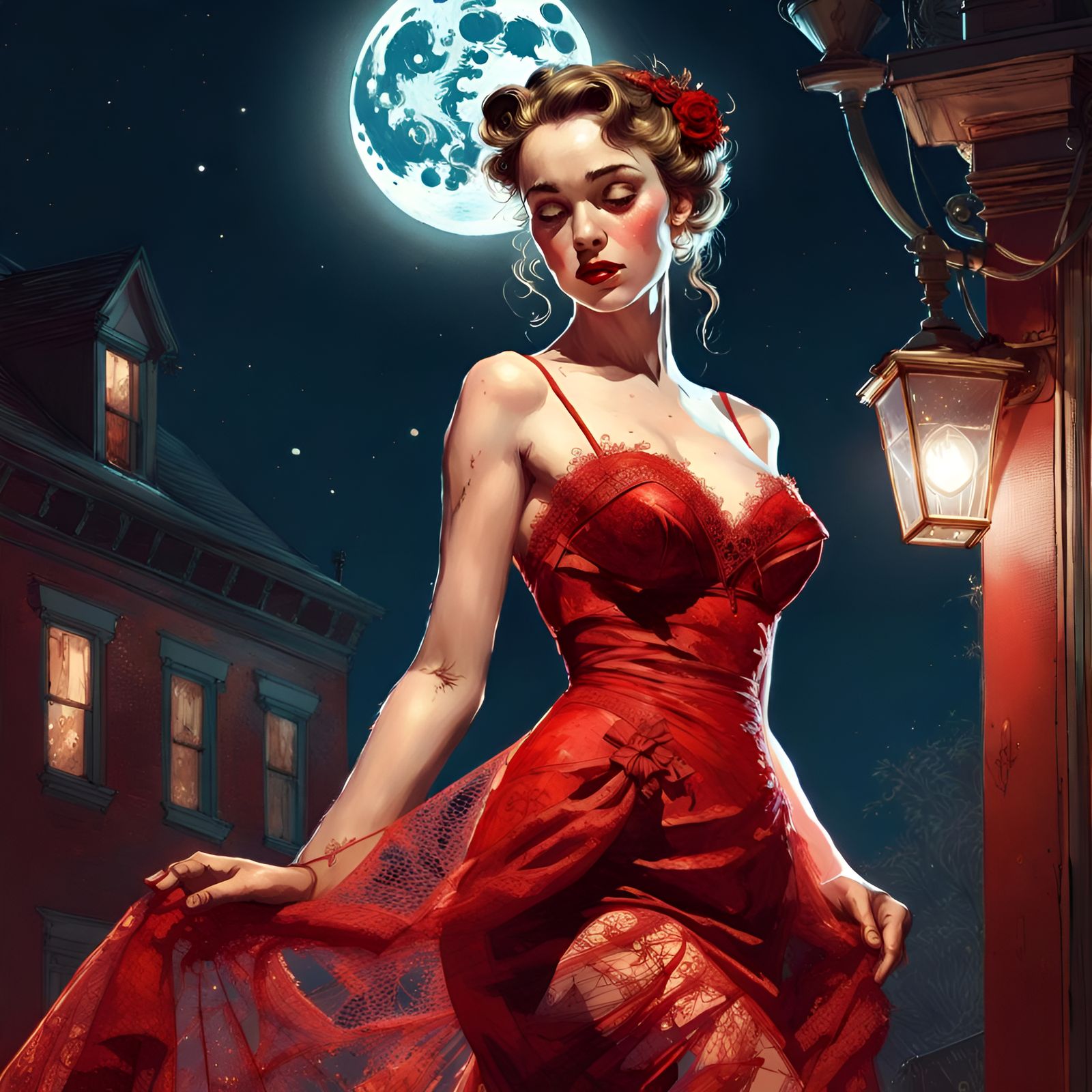 Red Bridal Gown: Pin-Up Style Digital Art