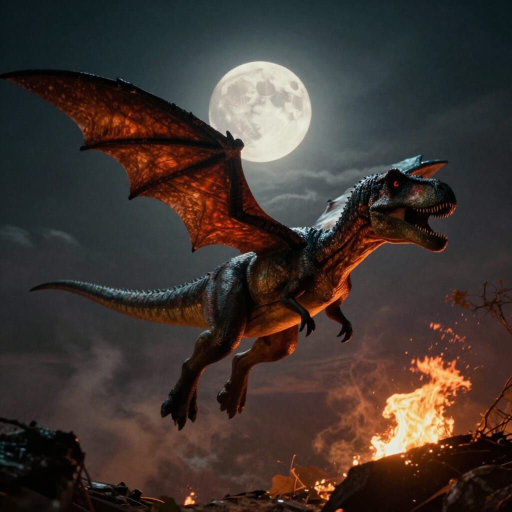 Winged Dinosaur Soars Through Fiery Skies Under Full Moon