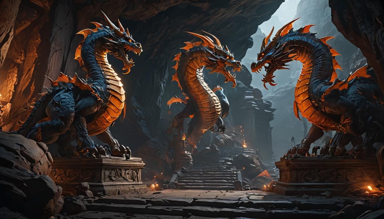Epic Cave Temple Faces, Stairs, and Dragon Statues in Fiery...