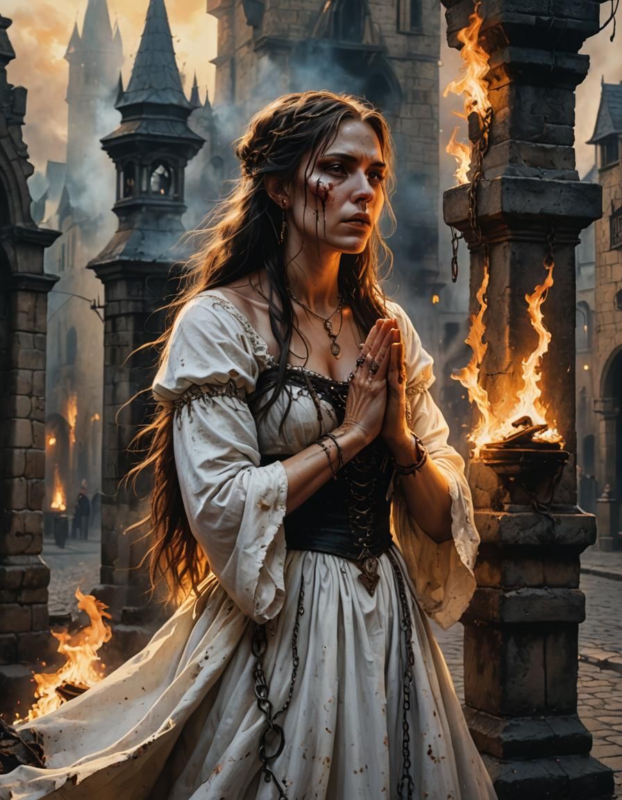Witch Burning at the Stake in Medieval City