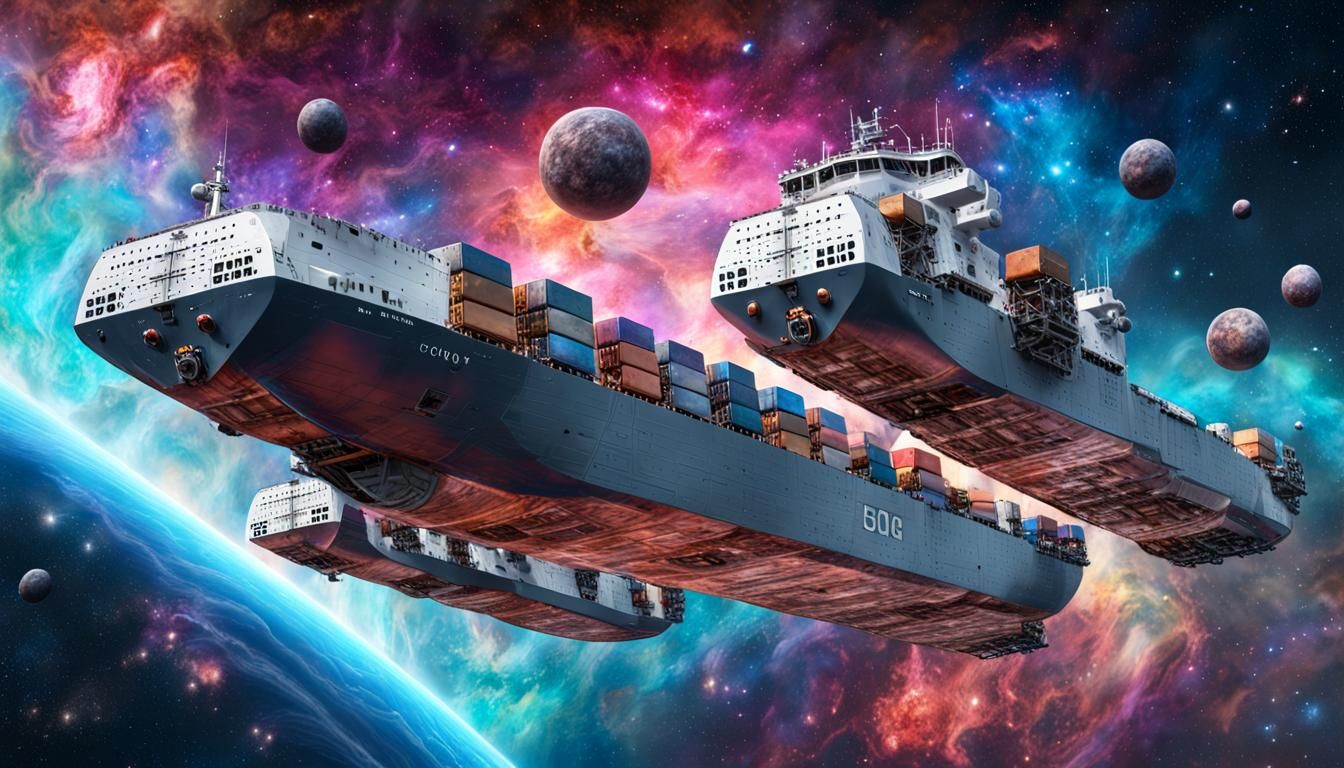 Star Freighter Convoy in Celestial Nebula, Hyperrealistic