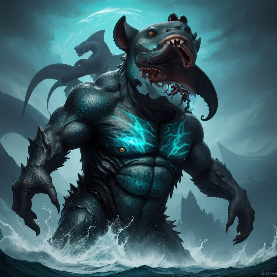 Mutated Octopus Bear With Shark Emerging, Fantasy Art