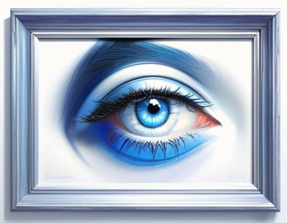 Surreal Blue Eyes on White Wall, Oil Painting Style
