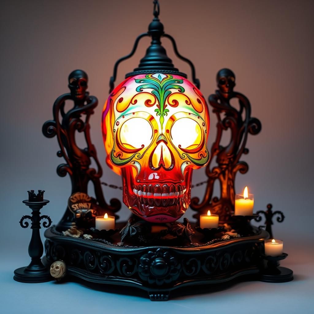 Lampwork  sugar skull  o lantern made of artisan glass on an...
