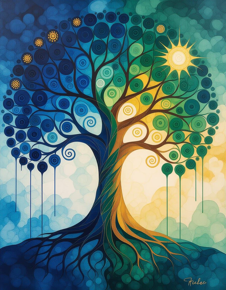 Kabbalah Tree of Life: Vibrant Ink & Oil Painting