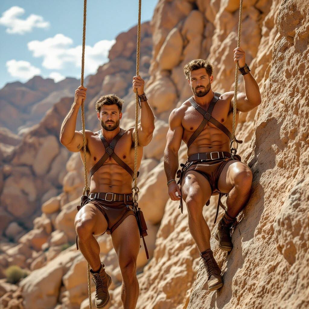 Muscular Climbers in Rocky Landscape, Hyperrealistic Style