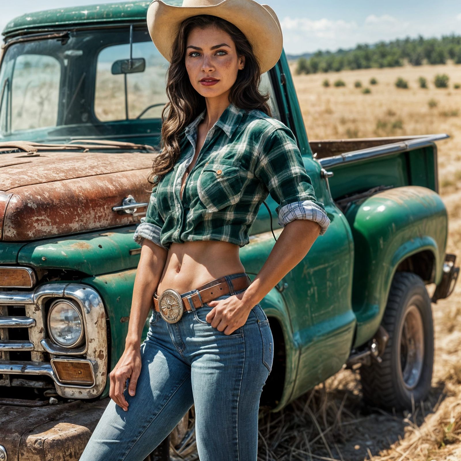 Realistic Cowgirl Poses with Shotgun and Classic Truck