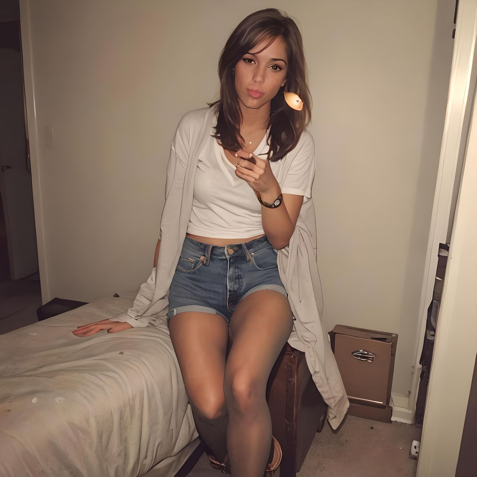 Vintage Photo of Woman Smoking in Jean Shorts