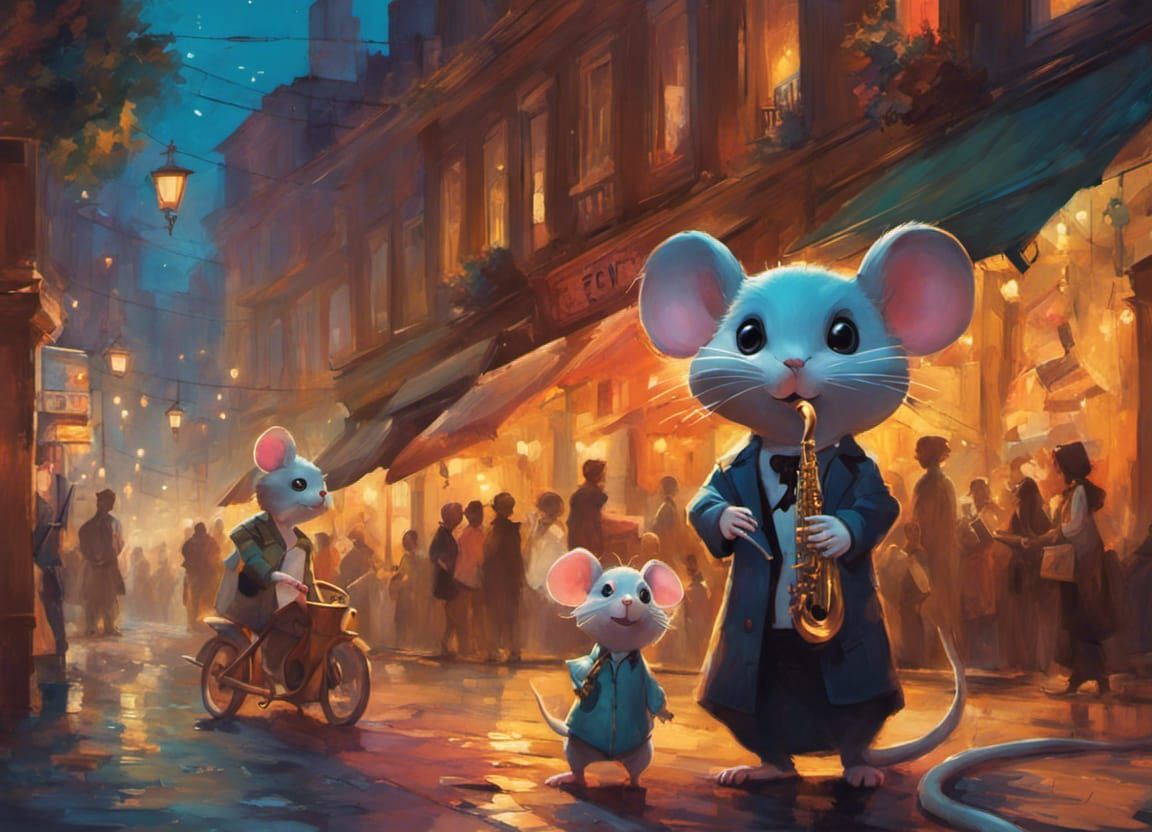 Chibi Mouse Musicians in Romantic Night Street